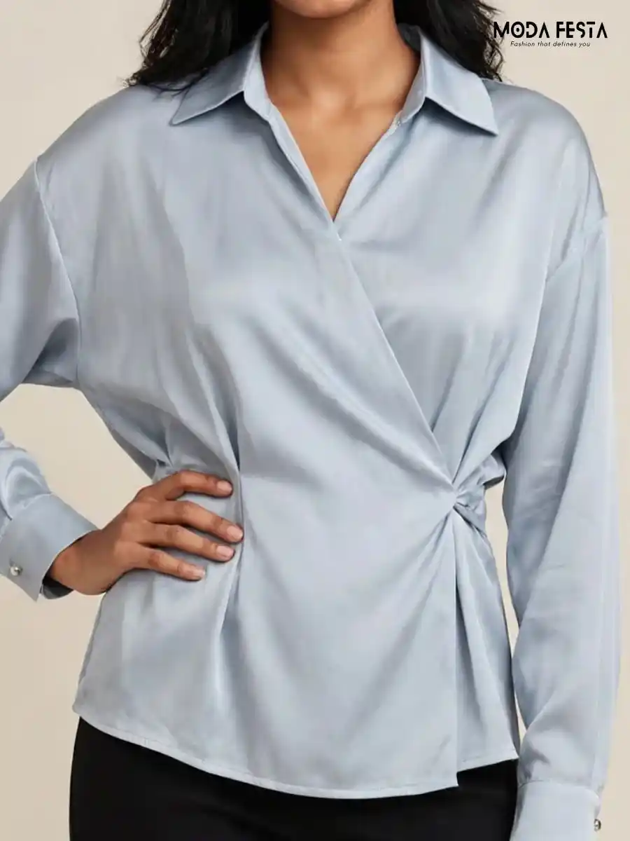 ModaFesta -Light Blue Satin Wrap-Style Collared Long Sleeve Top